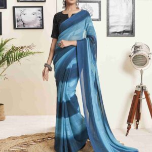 Ready To Wear Light Blue Georgette Printed Plain Saree