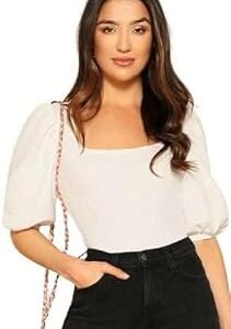 Women's Bishop Puff Sleeves Square Neck Slim Top Polyester Blend (Top-Eva)