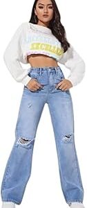 Women's Regular Solid Mid Rise High Waist Boyfriend Style Wide Leg Bell Bottom Jeans Pant