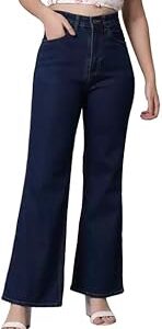 Women's Baggy Dark Blue Plain Jeans, High Waist, Wide Leg