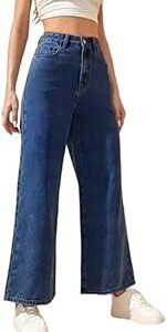 Wide Leg Jeans, Mid Waist, Relaxed Fit, Dark Blue Denim