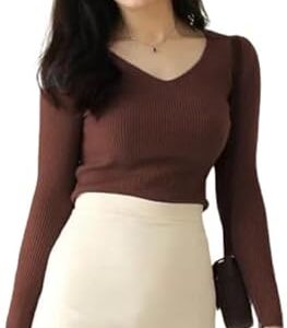 Casual Full Sleeve V Neck Ribbed Top for Girls ? Comfortable Lycra Knitted Top