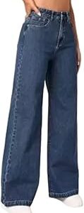 Women's Mid-Waist Wide Leg Jeans, Dark Blue, Loose Fit