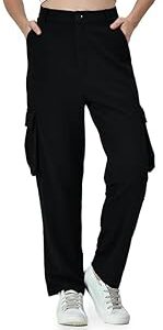 High Rise Cargo Women Baggy Jeans with 4 Deep Pockets,Stylish and Casua, Cargo Jeans for Women Stretchable Fabric for Comfort & Utility for Hiking, Camping, Traveling- Black