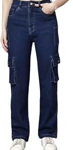 High Rise Denim Women's Cargo Jeans with Pockets, Dark Blue