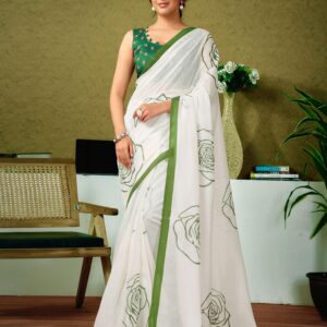 Ready To Wear Off White Printed Cotton Saree