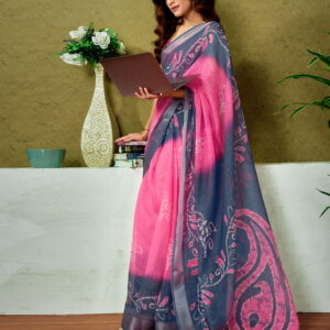Ready To Wear Dark Pink Linen Zari Printed Saree