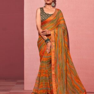 Orange Chiffon Printed Saree