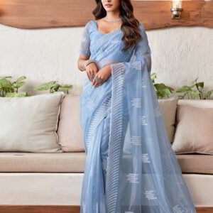 Blue Embroidery Organza Saree