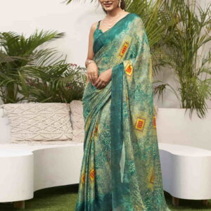 Dark Teal Green Chiffon Bandhani Printed Saree