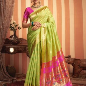 Lime Green Silk Woven Paithani Saree