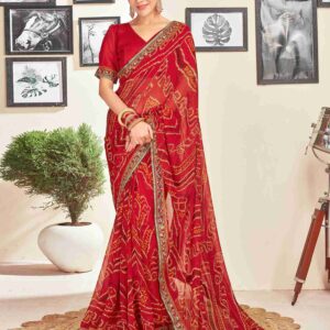 Red Georgette Printed Bandhani Saree