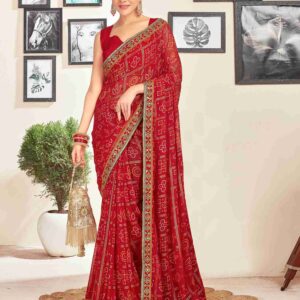Dark Red Georgette Embroidery Printed Saree