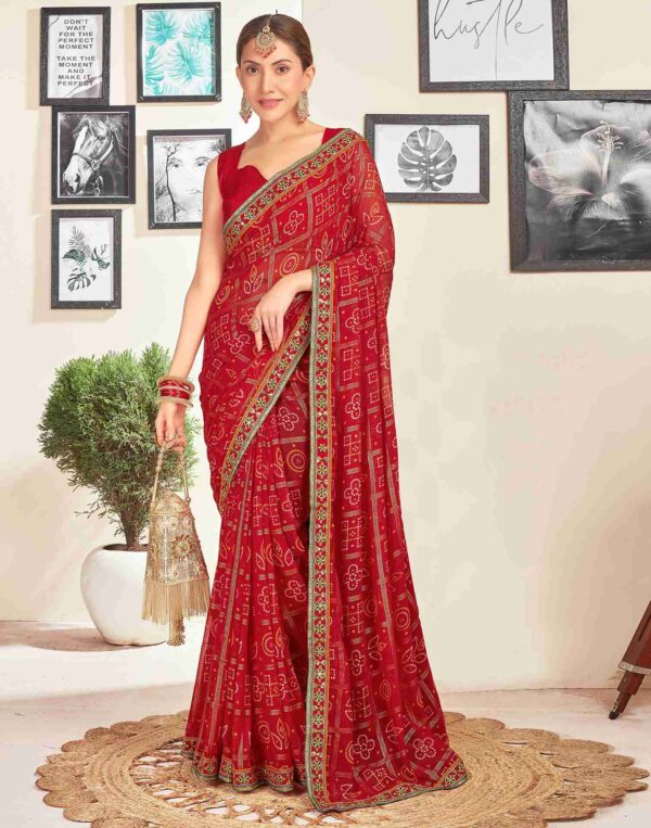Dark Red Georgette Embroidery Printed Saree
