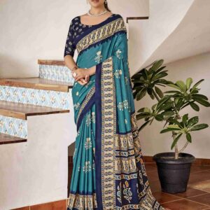 Teal Blue Cotton Printed Saree