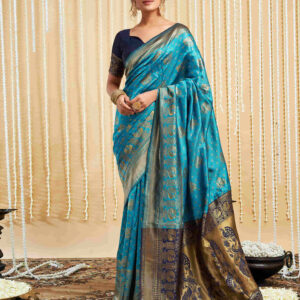 Teal Blue Silk Woven Banarasi Saree