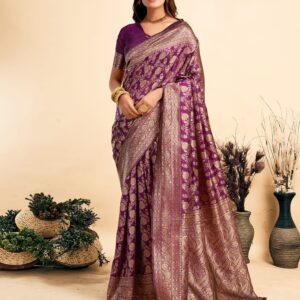 Dark Purple Woven Banarasi Silk Saree