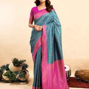 Teal Blue Silk Woven Banarasi Saree