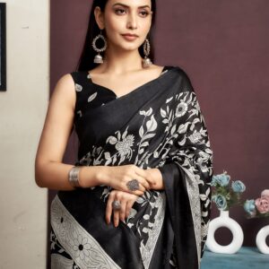 Black Cotton Blend Printed Saree