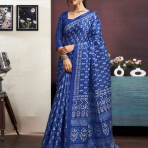 Indigo Cotton Blend Printed Saree