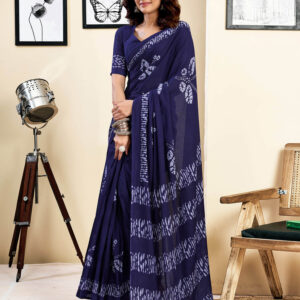Ready To Wear Navy Blue Pure Cotton Printed Saree With Pocket