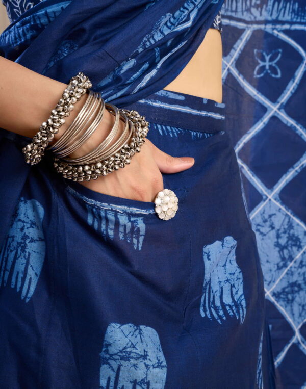 Ready To Wear Dark Blue Pure Cotton Printed Saree With Pocket