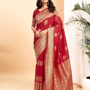 Red Silk Blend Woven Kanjivaram Saree