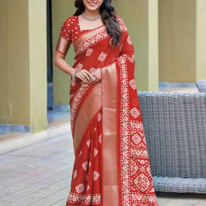 Red Cotton Blend Printed Saree