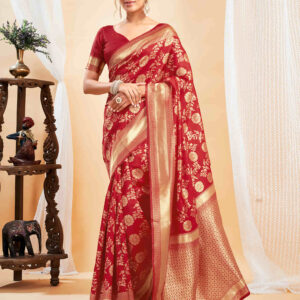 Red Silk Blend Woven Banarasi Saree