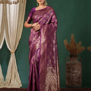 Purple Silk Blend Woven Banarasi Saree