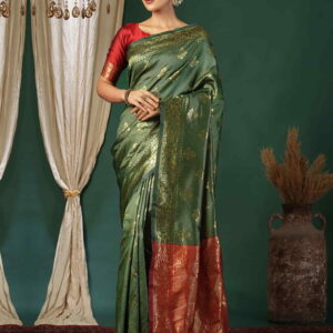 Green Silk Blend Woven Banarasi Saree