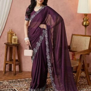 Wine Georgette Swarovski Embellished Saree