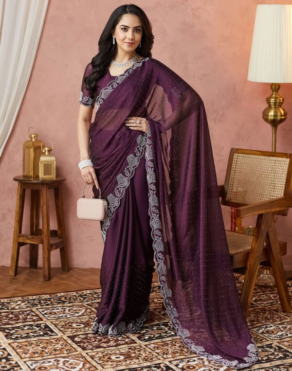 Wine Georgette Swarovski Embellished Saree