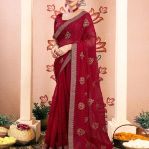 Red Georgette Embroidery Embellished Saree