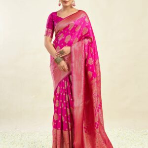 Pink Silk Blend Woven Banarasi Saree