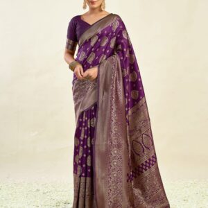 Wine Silk Blend Woven Banarasi Saree