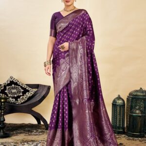 Purple Silk Blend Woven Banarasi Saree