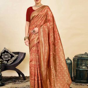 Red Silk Blend Woven Banarasi Saree