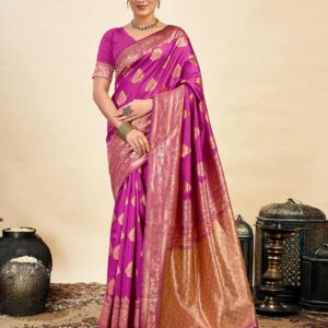 Pink Silk Blend Woven Banarasi Saree