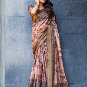 Cream Silk Printed Saree