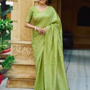 Green Silk Blend Woven Banarasi Saree