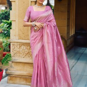 Pink Silk Blend Woven Banarasi Saree