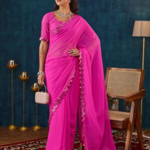 Pink Georgette Mirror Work Embellished Saree