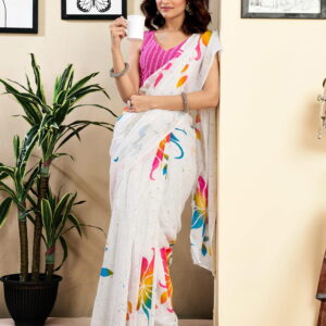 Ready To Wear White Pure Cotton Floral Printed Saree With Pocket