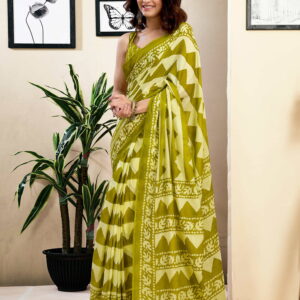 Ready To Wear Green Pure Cotton Geometric Printed Saree With Pocket