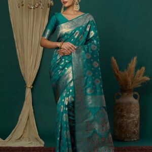 Turquoise Silk Blend Woven Banarasi  Saree