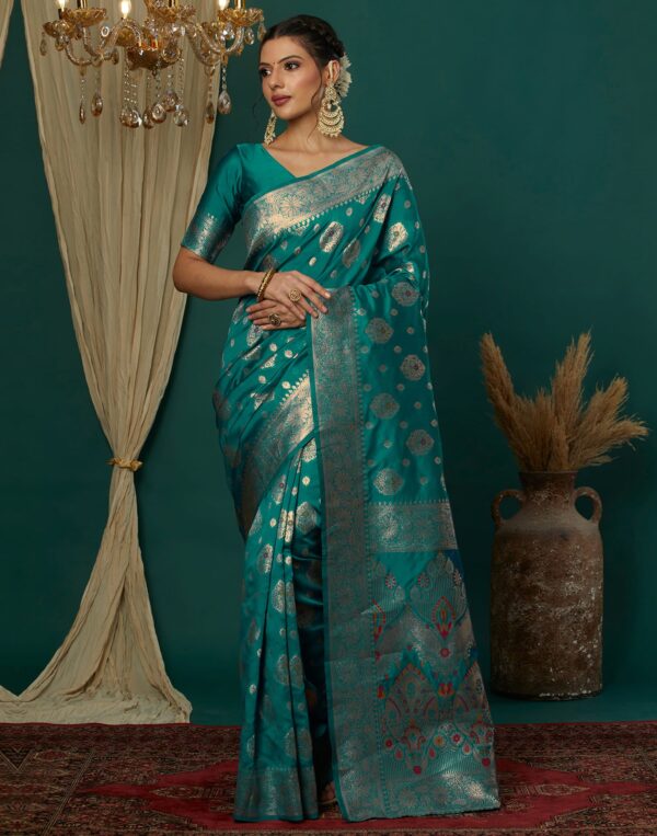 Turquoise Silk Blend Woven Banarasi  Saree