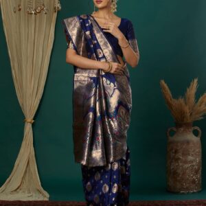 Blue Silk Blend Woven Banarasi Saree
