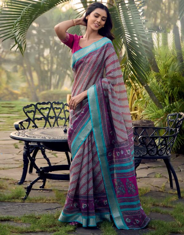Purple Cotton Silk Printed Saree