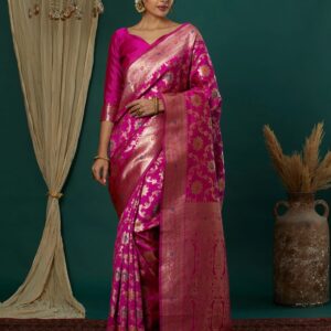 Pink Silk Blend Woven Banarasi Saree